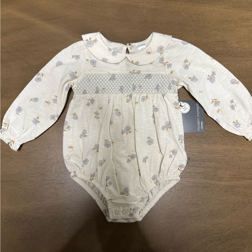Gerber Cream Floral Smocked Peter Pan Long-Sleeve Bodysuit